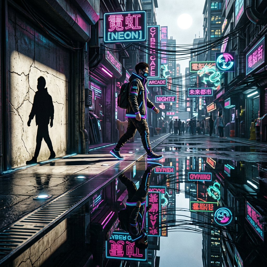 Person walking along neon-lit street with reflections, cyber cafe signs, and urban buildings
