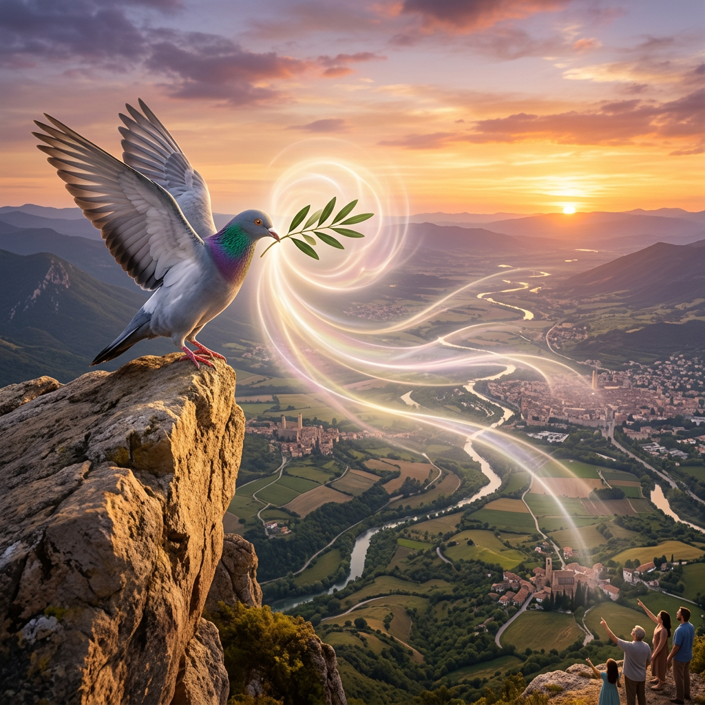 Dove holding olive branch with glowing swirls over scenic valley at sunset