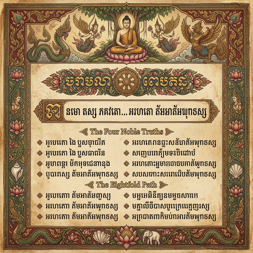 Buddha meditating under tree with Four Noble Truths and Eightfold Path text in Khmer
