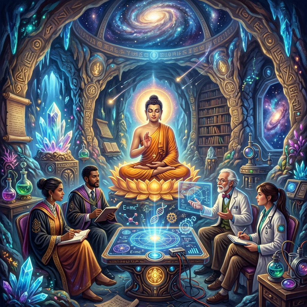 Buddha meditating above glowing table surrounded by diverse scholars and scientific equipment in a mystical cave