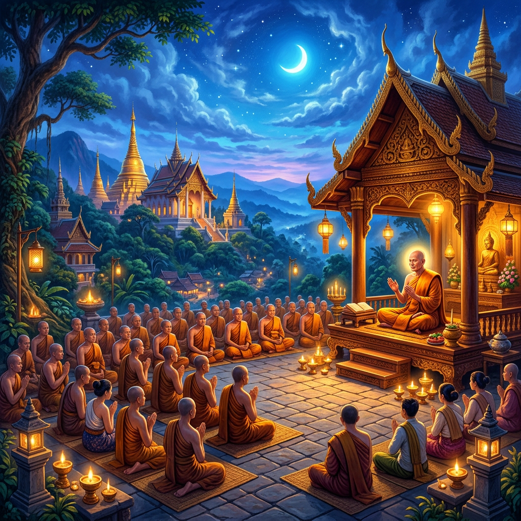 Group of monks seated and listening to a senior monk teaching at an ornate temple during nighttime