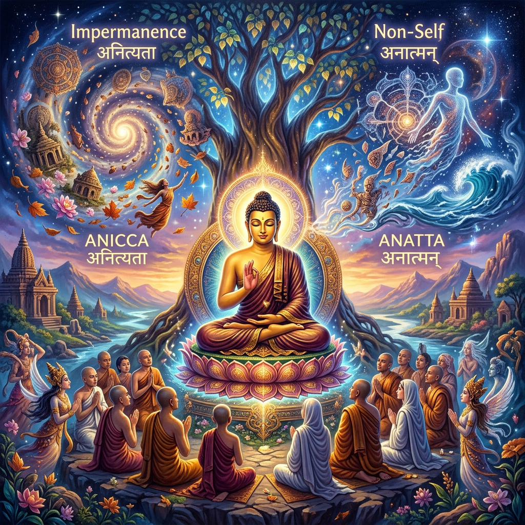 Buddha meditating with monks around, teachings on impermanence and non-self, cosmic imagery