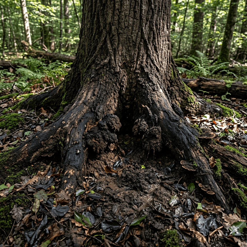 Tree trunk base with burnt roots and fungi surrounded by leaves and forest floor