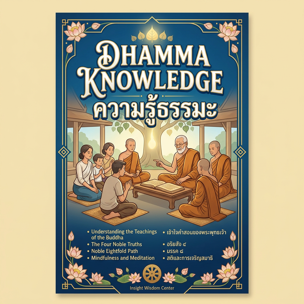 Monk teaching Dhamma knowledge to seated adults and children with Buddha's teachings listed