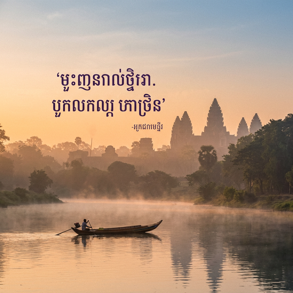 Boat on calm river with Angkor Wat temple silhouette and Khmer text at sunrise