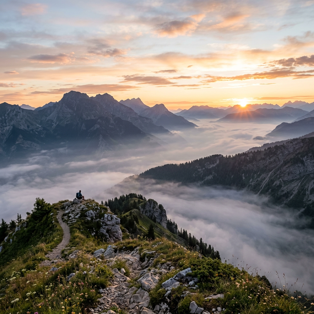Person sitting on rocky ridge overlooking misty mountains at sunrise