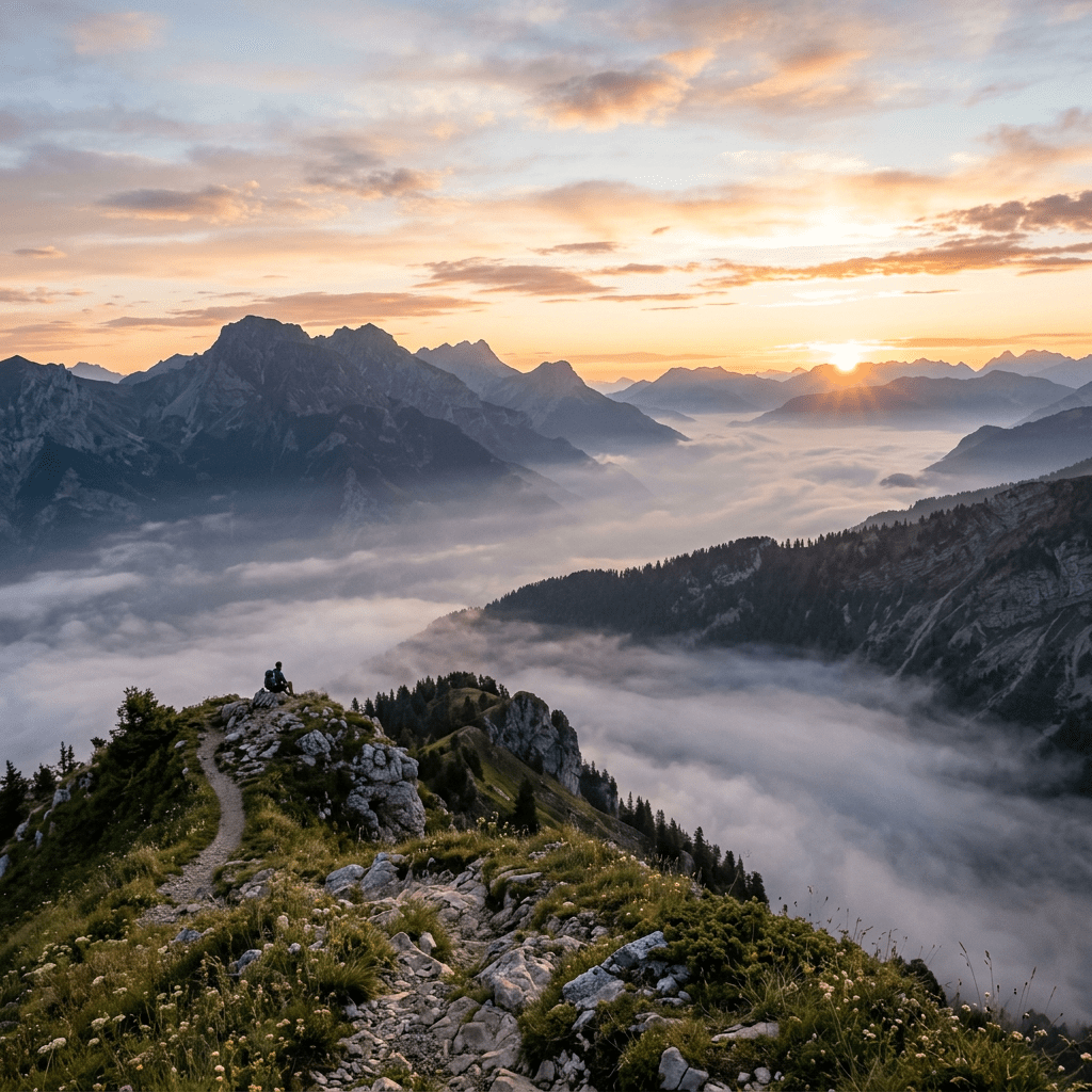 Person sitting on rocky ridge overlooking misty mountains at sunrise