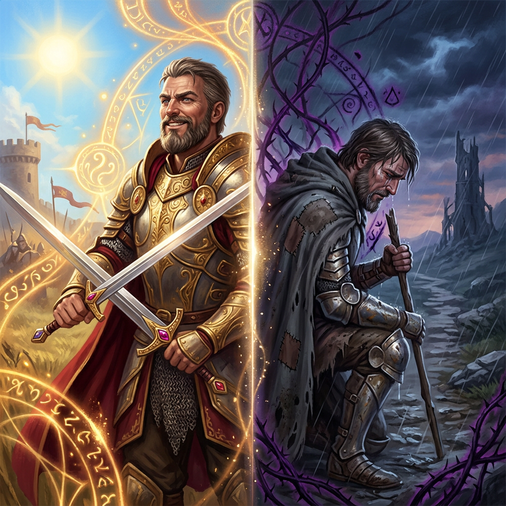Two contrasting knights, one triumphant in golden armor in daylight, the other weary and kneeling in tattered armor in stormy darkness