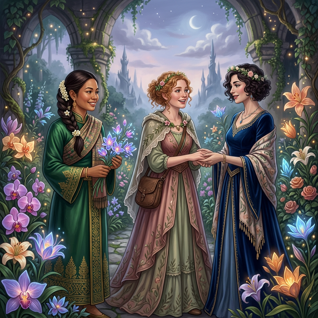 Three women in elegant dresses with floral crowns standing in a blooming garden under moonlight.